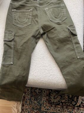 True Religion Olive Green Cargo Pants with White Contrast Stitching
